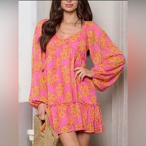 🥳 3 for $15Pink and Orange Floral Chiffon Dress